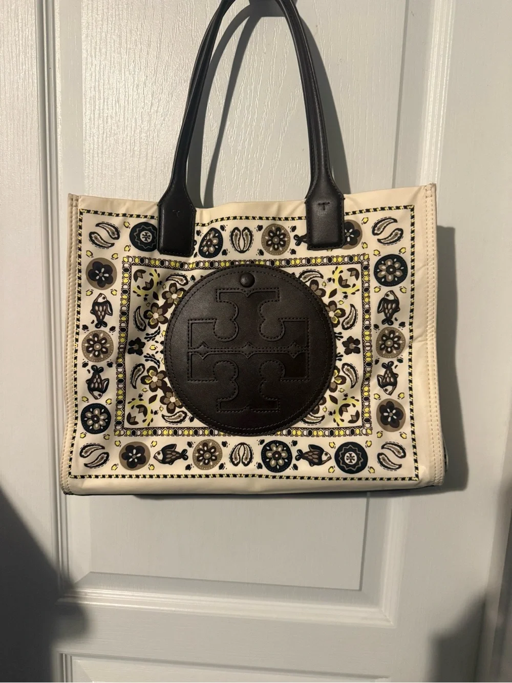 Tory Burch Cream Canvas Tote with Black Leather Logo Medallion and Printed Panel